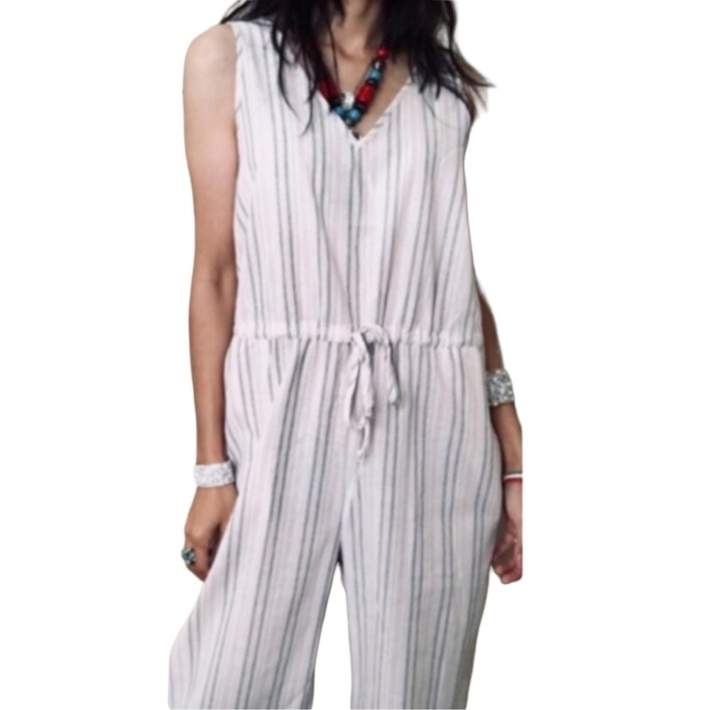 DREW Jumpsuit Women Large Tan Pink Stripe Cotton Wide Leg Sleeveless V-Neck Boho - Picture 13 of 13